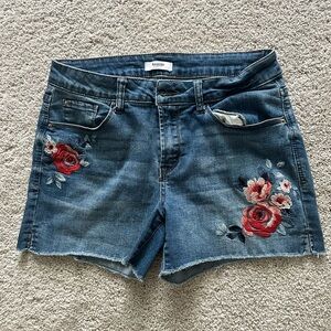 kensie Medium Blue Denim Shorts with Red & Pink Rose Embroidery